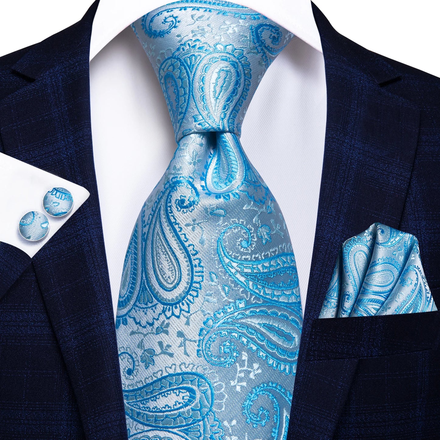 Brand New 2025 Hi-Tie Light Blue Striped Novelty Silk Wedding Tie For Men Handky Cufflinks Nicktie Set Fashion Design Business Party