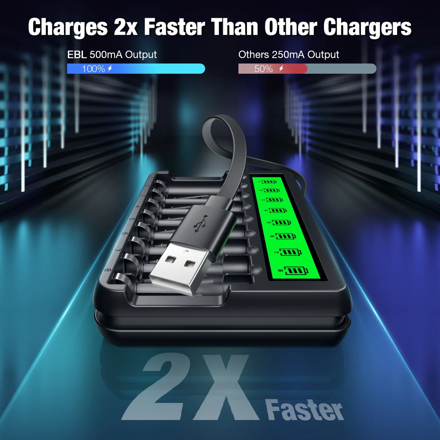 EBL 8 Bay LCD AA Battery Charger With Built-in Cable Battery Charger High-Speed Charging Independent Slot