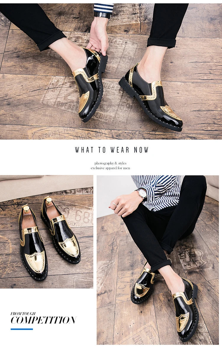 38-48/6.5-14 Golden Upper Patent Leather Dress Shoes Oxford Fashion  Slip on Men Loafers Shoes
