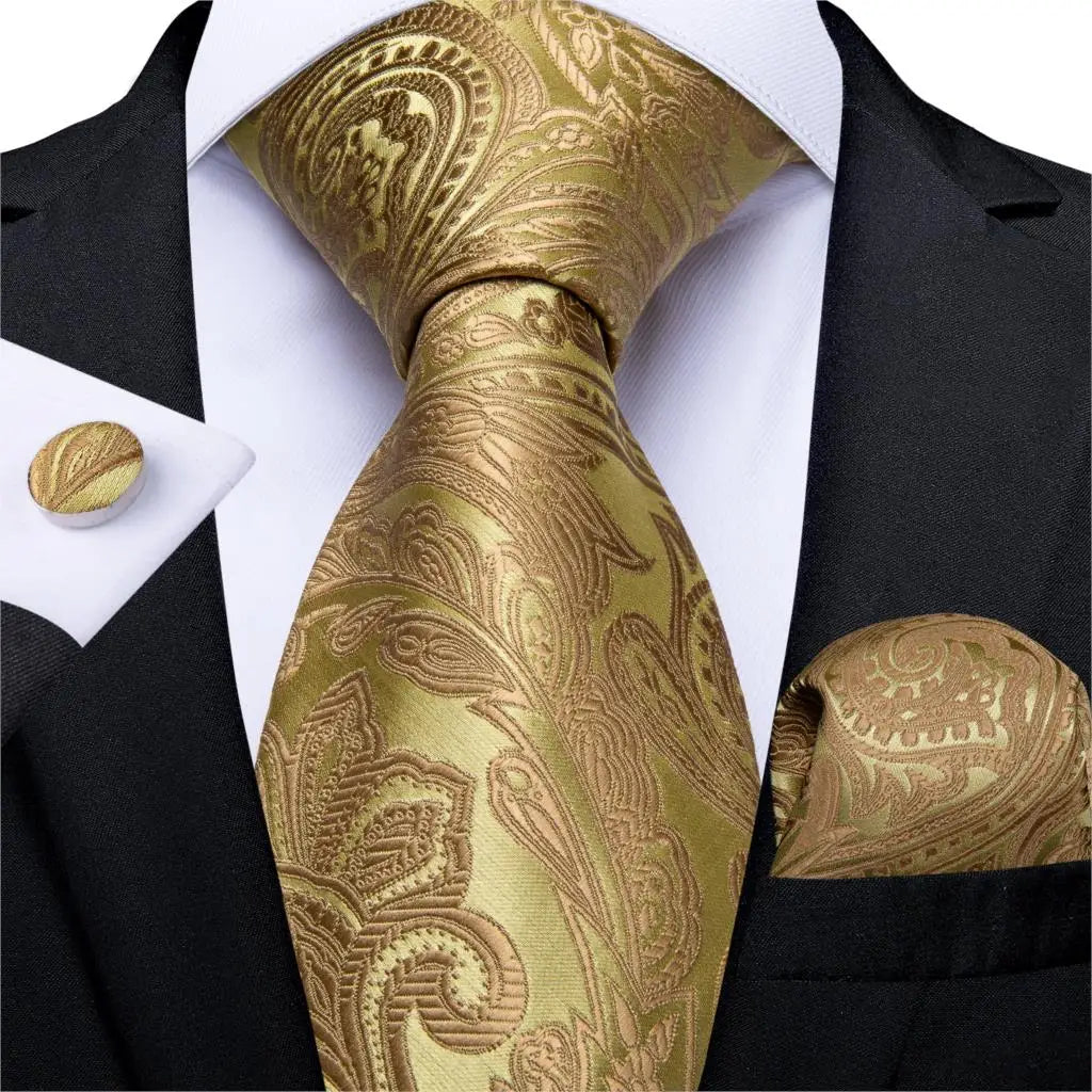 Brand New 2025 Mens Tie 100% Silk Classic Jacquard Woven 8cm Gold Yellow Formal Business Wedding Neck Tie Pocket Square Set Suit Cravat