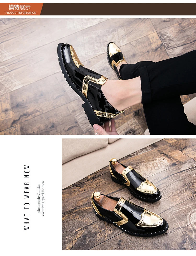 38-48/6.5-14 Golden Upper Patent Leather Dress Shoes Oxford Fashion  Slip on Men Loafers Shoes