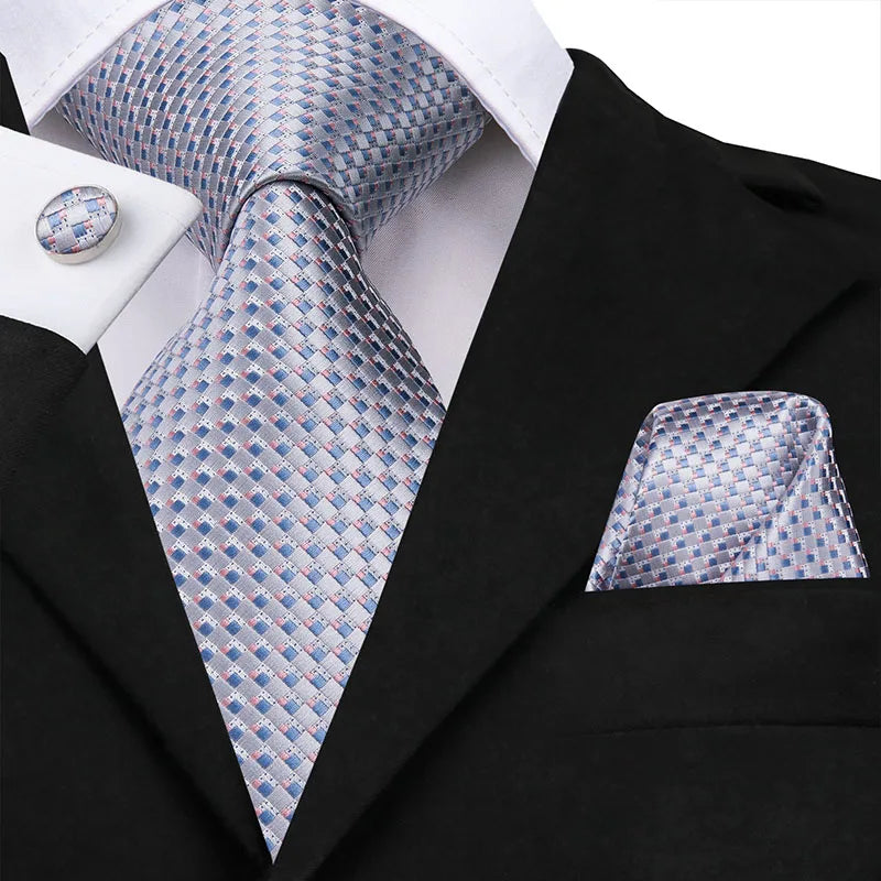 New 2025 Clasic Grey Tie for Men Silk Fabric Jacquard Woven Tie Hanky Cufflinks Set for Men Designer Fashion Silk Ties SN-1466