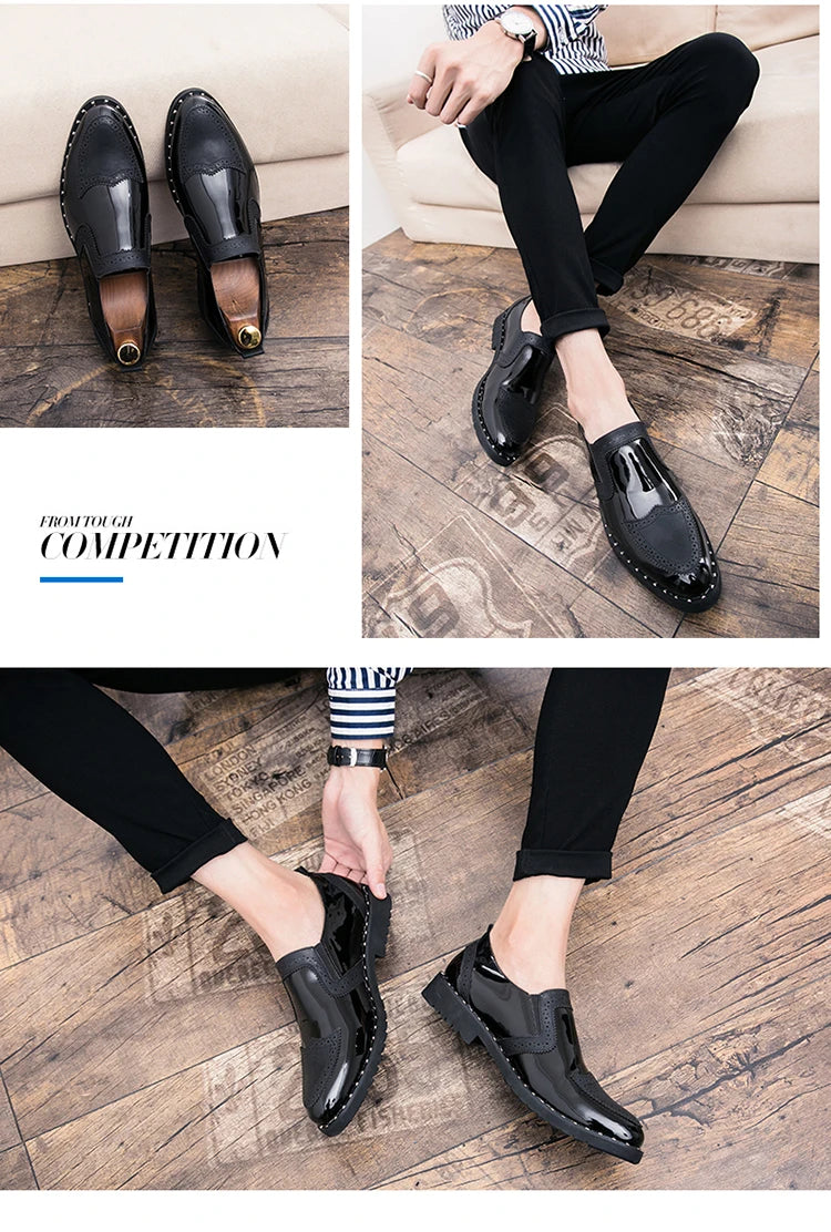 38-48/6.5-14 Golden Upper Patent Leather Dress Shoes Oxford Fashion  Slip on Men Loafers Shoes