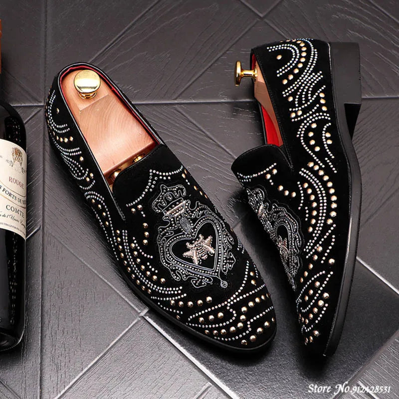 TINTINOS 2024 New Fashion Men Pointed Rivet Embroidery Rhinestone Casual Oxford Shoes Wedding Groom Driving Homecoming Business Footwear