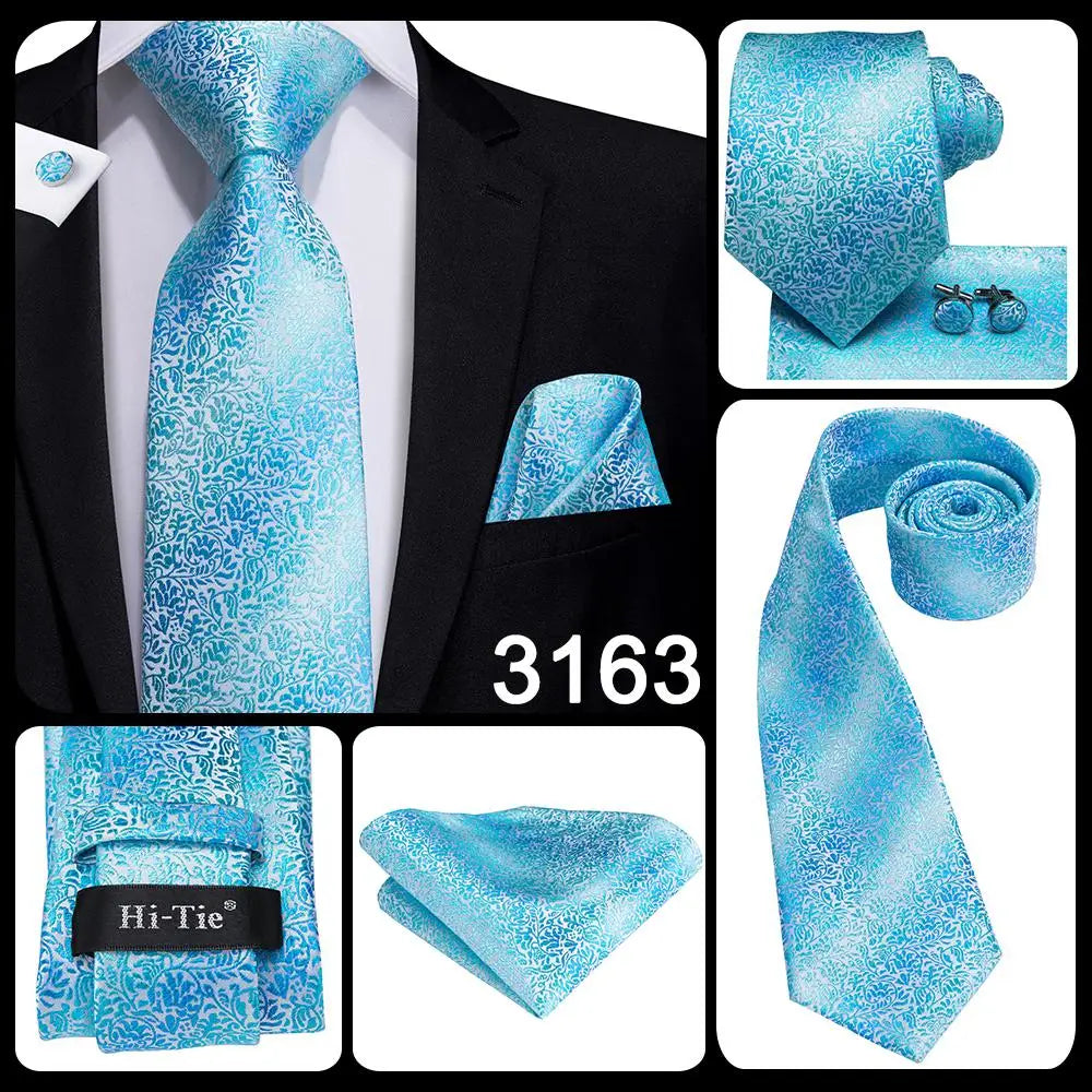 Brand New 2025 Hi-Tie Light Blue Striped Novelty Silk Wedding Tie For Men Handky Cufflinks Nicktie Set Fashion Design Business Party