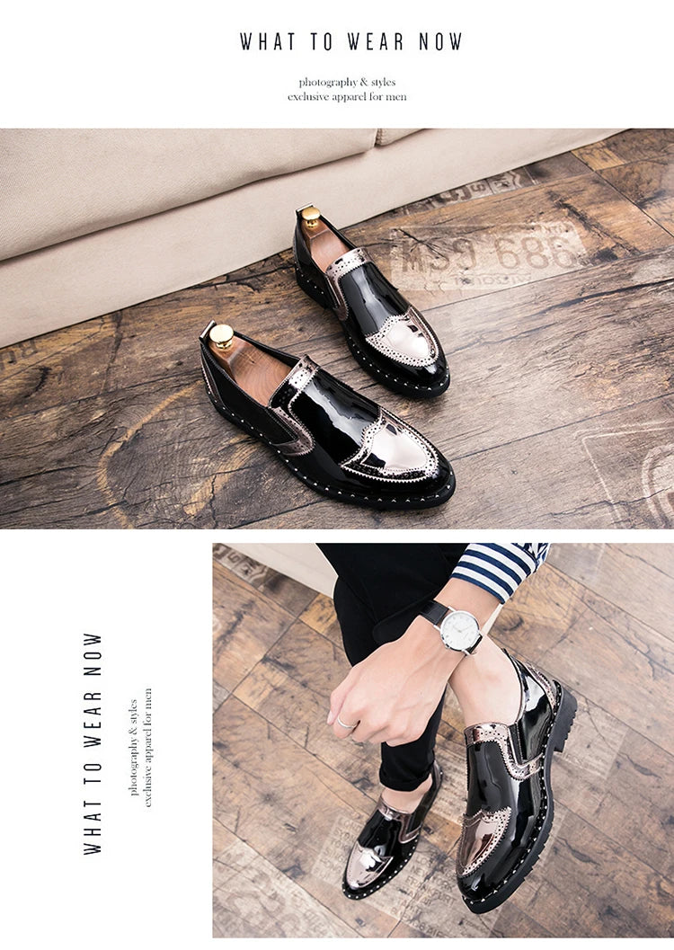 38-48/6.5-14 Golden Upper Patent Leather Dress Shoes Oxford Fashion  Slip on Men Loafers Shoes