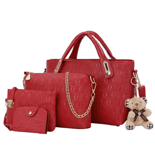 4PCS/Set Ladies Fashionable PU Leather Shoulder Bag Handbag Satchel Clutch Coin Purse Casual Bear Pendant Messenger Tote Bag