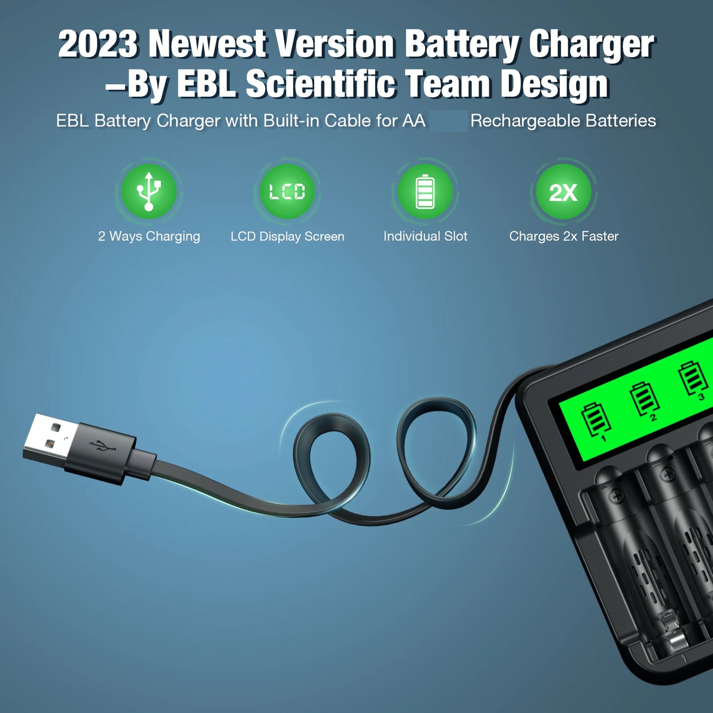 EBL 8 Bay LCD AA Battery Charger With Built-in Cable Battery Charger High-Speed Charging Independent Slot