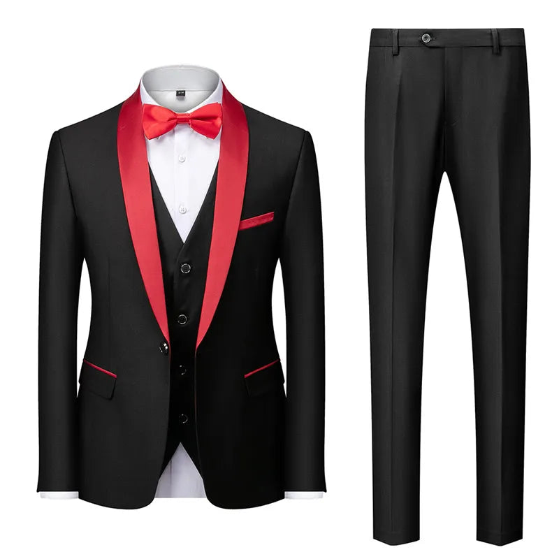 Black Men's Suit 3 Pieces, Business Wedding Terno Masculino, Fashion Slim Fit Costume Homme, Blue Red Gray, Asian Size M-4XL 5XL