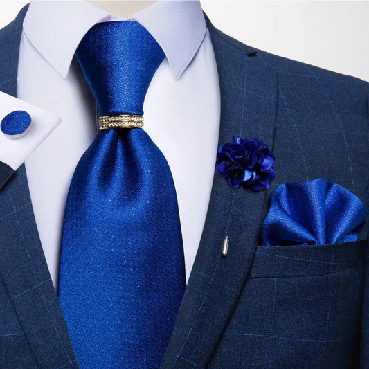 Royal Blue Solid Men's Silk Ties Brooch Handkerchief Set Formal Business Wedding Necktie Men Neckwear Accessories 10% OFF