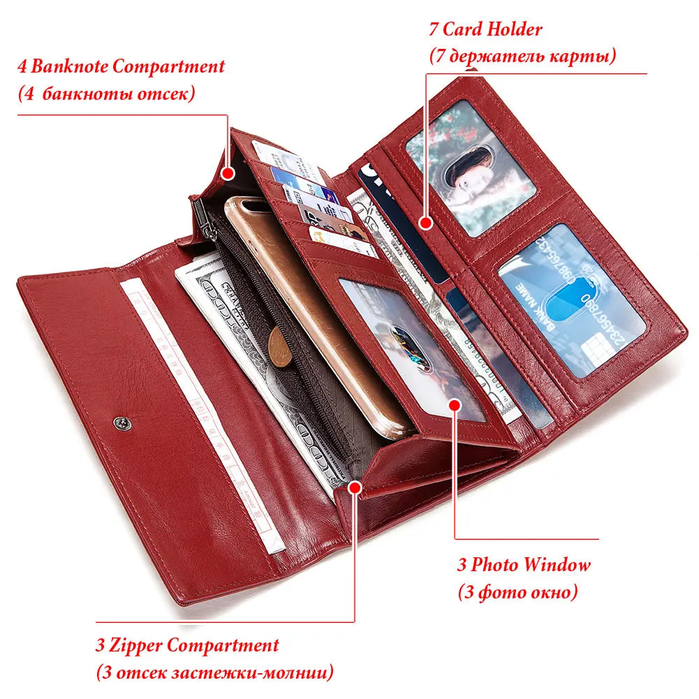 2024 HUMERPAUL Fashion Women Genuine Leather Wallet RFID Blocking Tri-fold Credit Card Holder Luxury Long Female Phone Clutches