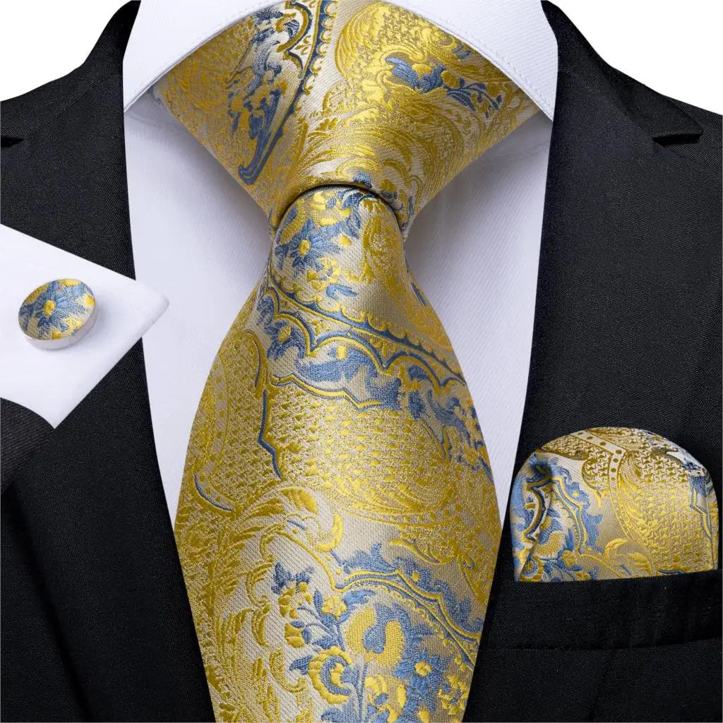 Brand New 2025 Mens Tie 100% Silk Classic Jacquard Woven 8cm Gold Yellow Formal Business Wedding Neck Tie Pocket Square Set Suit Cravat