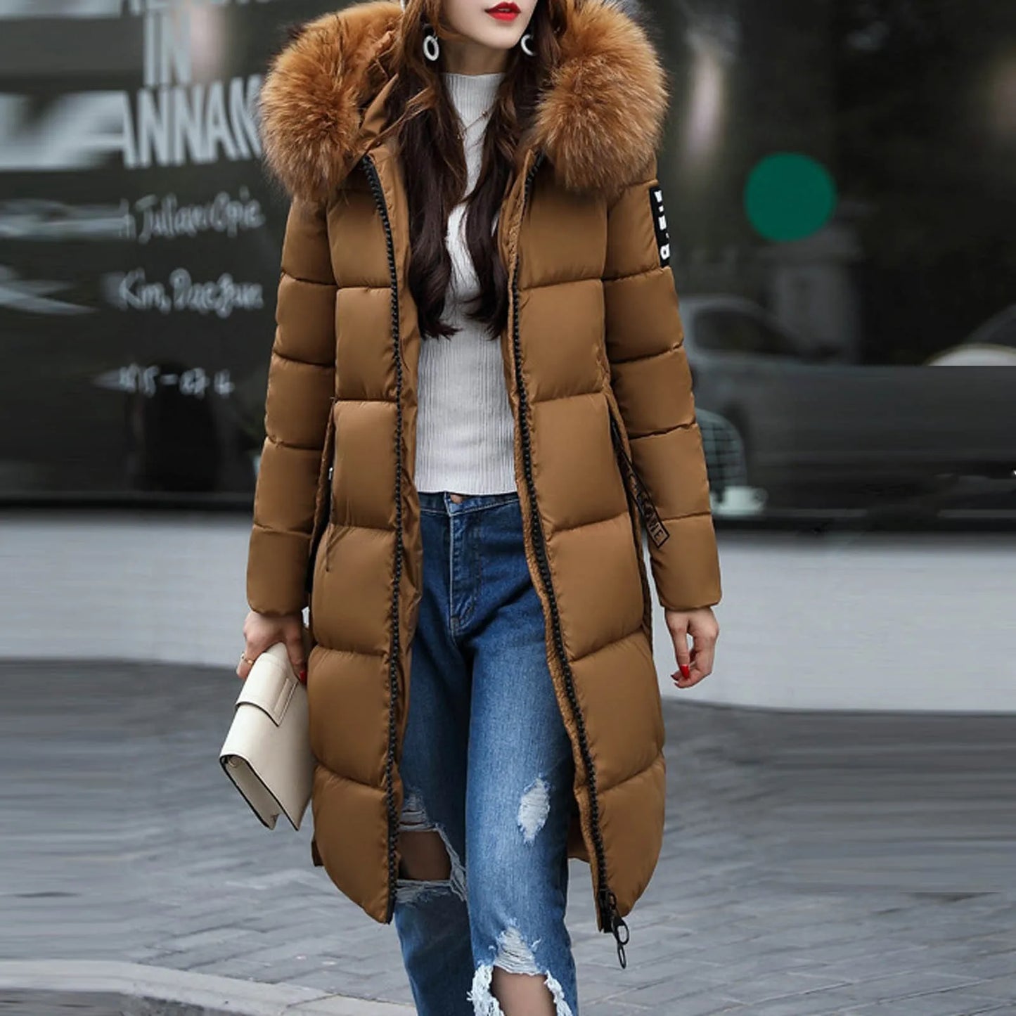New 2024-2025 Women Autumn Winter Jacket Big Hair Collar Slim Waist Long Down Cotton Jacket Vintage Warm Coat Female Oversized long Parkas