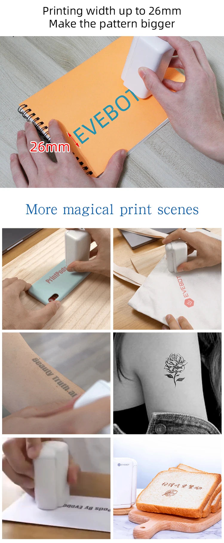 EVEBOT Printpods Handheld Mini Printer Small Portable Creative Smart Inkjet  Machine Card Label Bread Coffee Clothes Logo