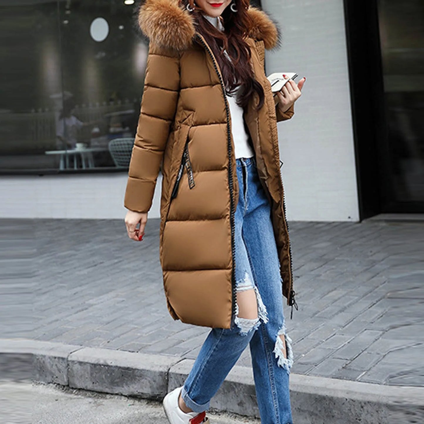 New 2024-2025 Women Autumn Winter Jacket Big Hair Collar Slim Waist Long Down Cotton Jacket Vintage Warm Coat Female Oversized long Parkas