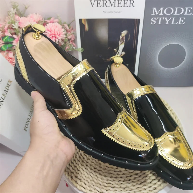 38-48/6.5-14 Golden Upper Patent Leather Dress Shoes Oxford Fashion  Slip on Men Loafers Shoes