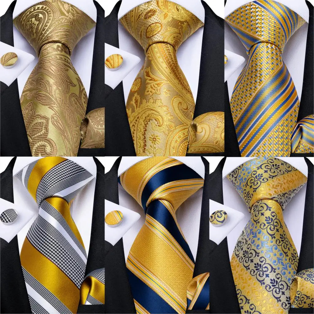 Brand New 2025 Mens Tie 100% Silk Classic Jacquard Woven 8cm Gold Yellow Formal Business Wedding Neck Tie Pocket Square Set Suit Cravat
