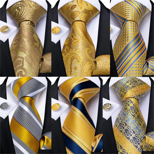 Brand New 2025 Mens Tie 100% Silk Classic Jacquard Woven 8cm Gold Yellow Formal Business Wedding Neck Tie Pocket Square Set Suit Cravat