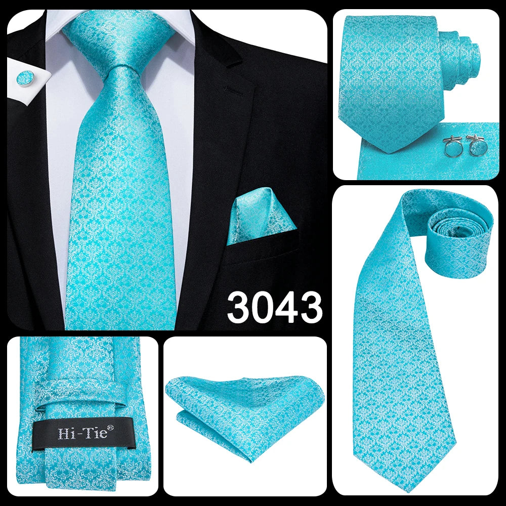 Brand New 2025 Hi-Tie Light Blue Striped Novelty Silk Wedding Tie For Men Handky Cufflinks Nicktie Set Fashion Design Business Party