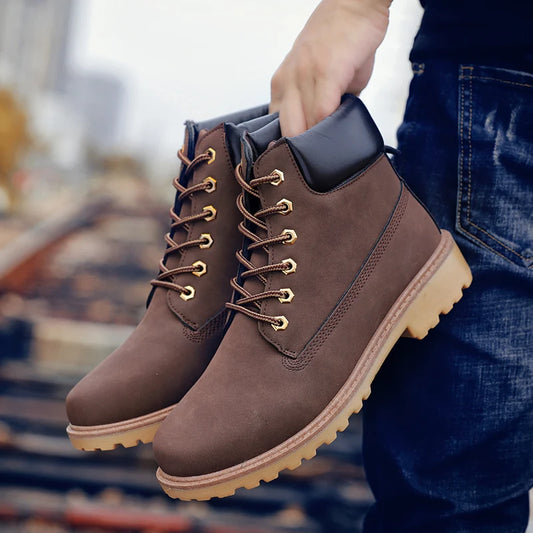 TINTINOS Winter Brown High Top Ankle Boots Men Outdoor Waterproof Leather Mens Motorcycle Boots Keep Warm Men's Work Boots Plus Size 46