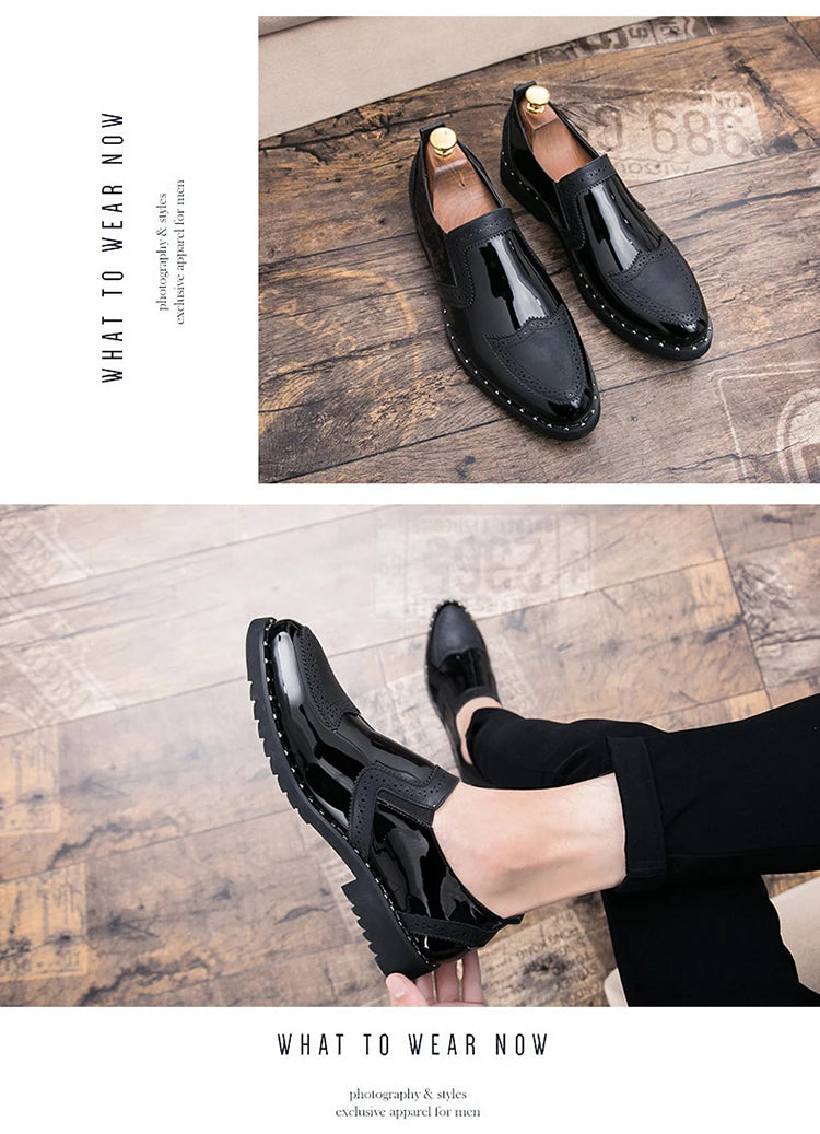 38-48/6.5-14 Golden Upper Patent Leather Dress Shoes Oxford Fashion  Slip on Men Loafers Shoes