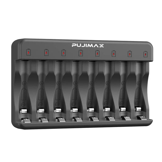 PUJIMAX 8 Slots AA AAA Battery Universal Charger Intelligent Full Turn Light NI-mh Battery Charger with Type-c Charging Port