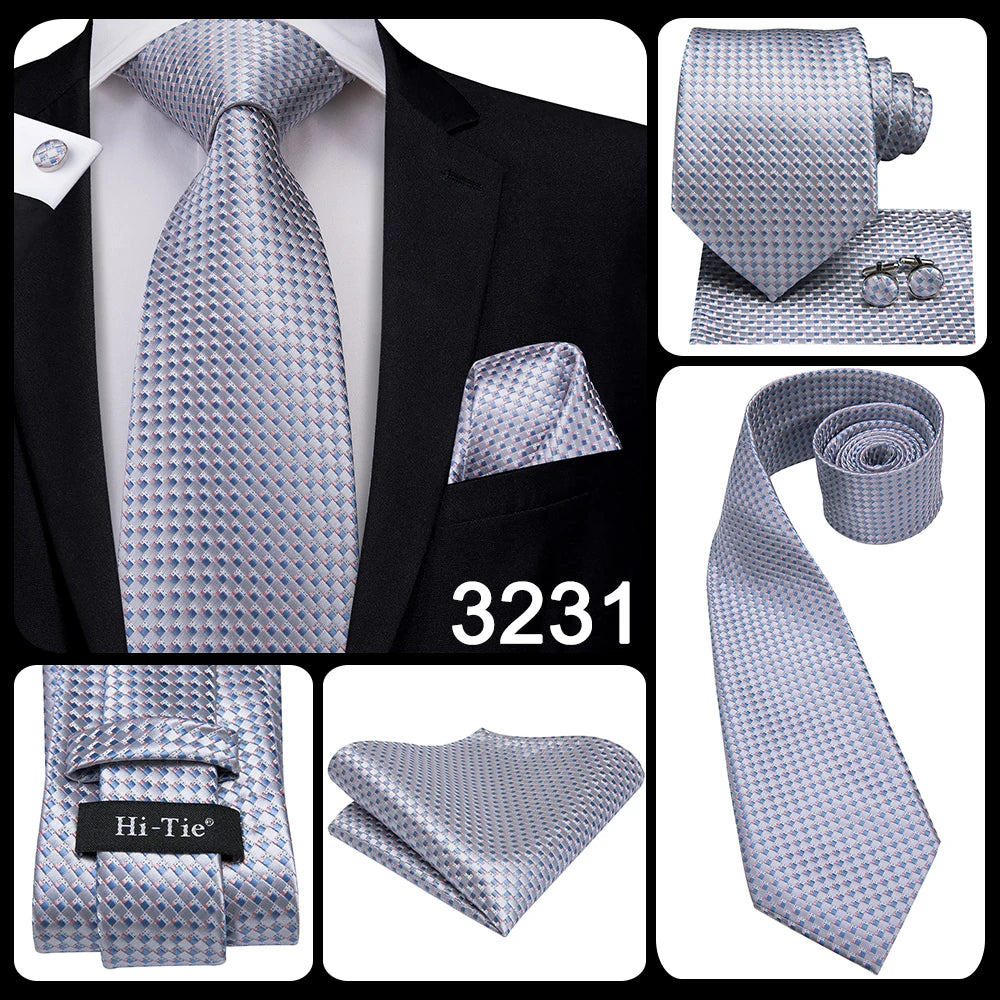 New 2025 Clasic Grey Tie for Men Silk Fabric Jacquard Woven Tie Hanky Cufflinks Set for Men Designer Fashion Silk Ties SN-1466
