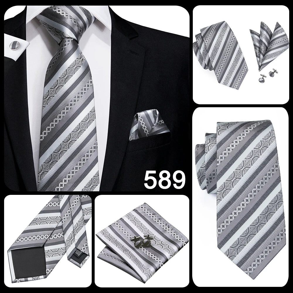 New 2025 Clasic Grey Tie for Men Silk Fabric Jacquard Woven Tie Hanky Cufflinks Set for Men Designer Fashion Silk Ties SN-1466