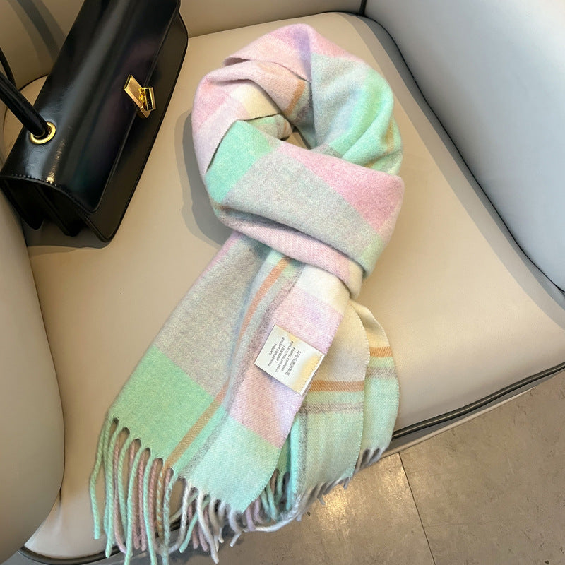 2026 Green Plaid Scarf Women's Winter All-match Pure Wool Thickened Warm New Year Gift Knitted Cashmere Scarf High-end