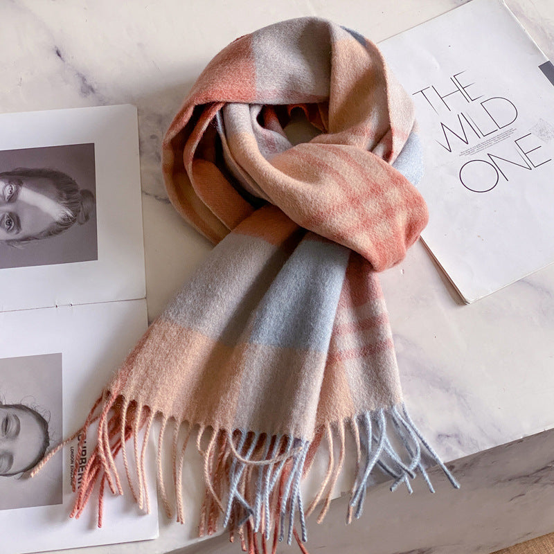 2026 Green Plaid Scarf Women's Winter All-match Pure Wool Thickened Warm New Year Gift Knitted Cashmere Scarf High-end