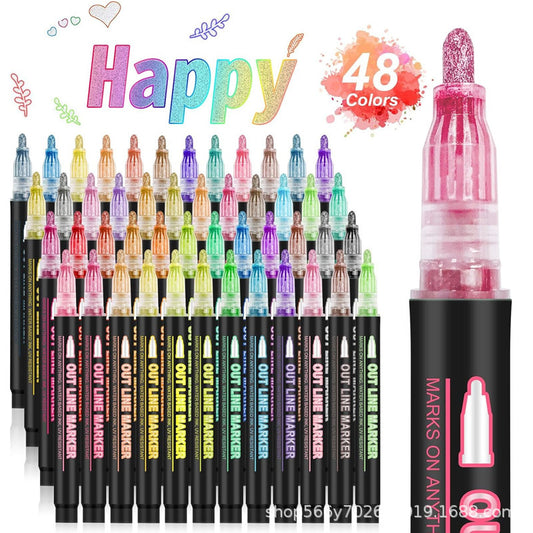 Amazony Explosions Fantasy Flash Double Line Contour Pen 48 Color DIY Hand Account Graffiti Metallic Highlighter Pen