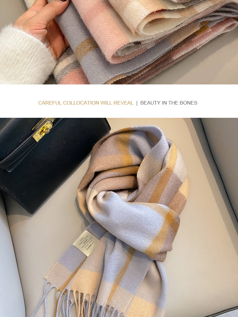 2026 Green Plaid Scarf Women's Winter All-match Pure Wool Thickened Warm New Year Gift Knitted Cashmere Scarf High-end