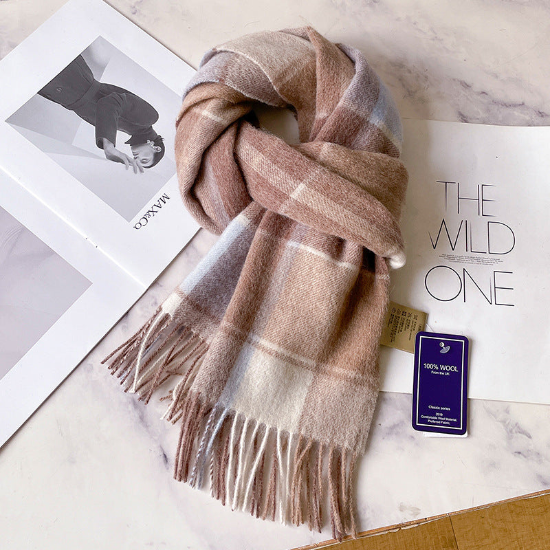 2026 Green Plaid Scarf Women's Winter All-match Pure Wool Thickened Warm New Year Gift Knitted Cashmere Scarf High-end