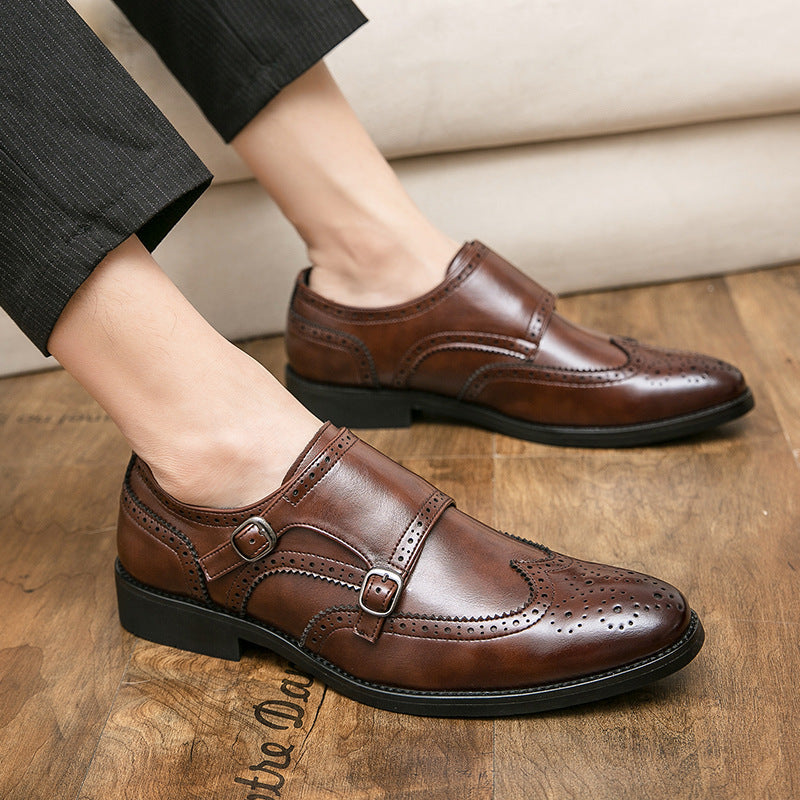 Large Size Men&#39;s Buckle Leather Shoes Size 38-48 Brogue Leather Shoes Slip-On Formal Men&#39;s Height Increasing Shoes