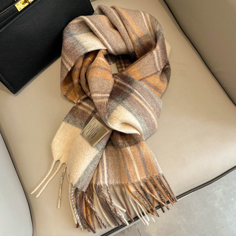 2026 Green Plaid Scarf Women's Winter All-match Pure Wool Thickened Warm New Year Gift Knitted Cashmere Scarf High-end
