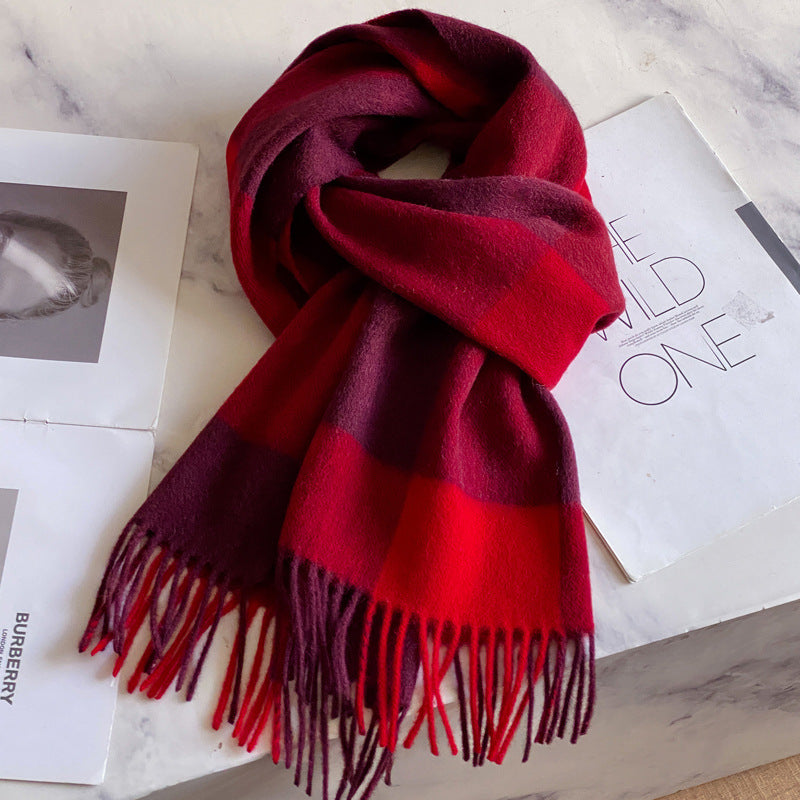 2026 Green Plaid Scarf Women's Winter All-match Pure Wool Thickened Warm New Year Gift Knitted Cashmere Scarf High-end