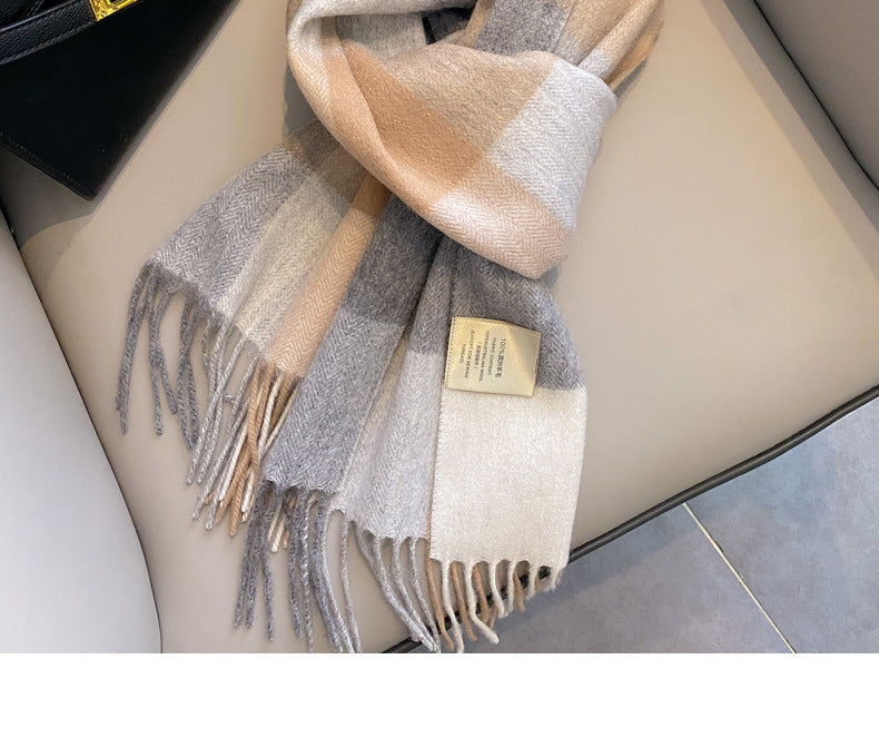 2026 Green Plaid Scarf Women's Winter All-match Pure Wool Thickened Warm New Year Gift Knitted Cashmere Scarf High-end