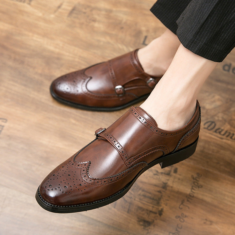 Large Size Men&#39;s Buckle Leather Shoes Size 38-48 Brogue Leather Shoes Slip-On Formal Men&#39;s Height Increasing Shoes