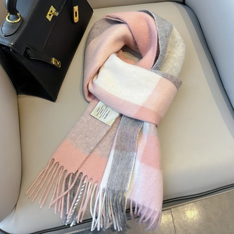 2026 Green Plaid Scarf Women's Winter All-match Pure Wool Thickened Warm New Year Gift Knitted Cashmere Scarf High-end