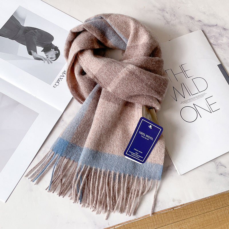 2026 Green Plaid Scarf Women's Winter All-match Pure Wool Thickened Warm New Year Gift Knitted Cashmere Scarf High-end