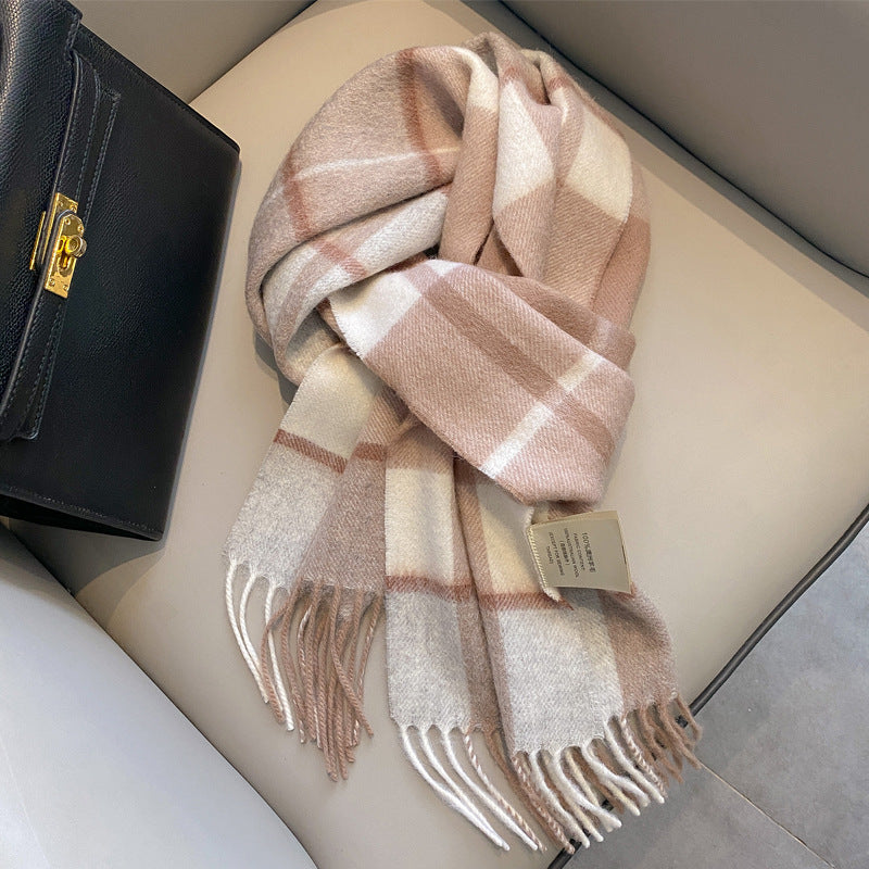 2026 Green Plaid Scarf Women's Winter All-match Pure Wool Thickened Warm New Year Gift Knitted Cashmere Scarf High-end