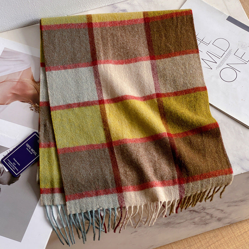 2026 Green Plaid Scarf Women's Winter All-match Pure Wool Thickened Warm New Year Gift Knitted Cashmere Scarf High-end