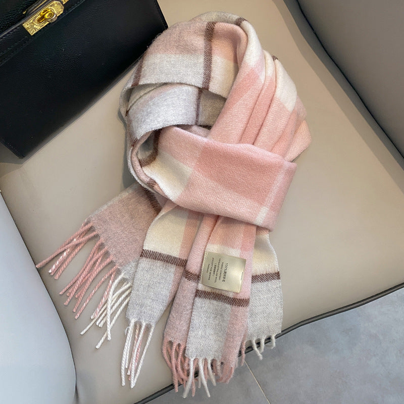 2026 Green Plaid Scarf Women's Winter All-match Pure Wool Thickened Warm New Year Gift Knitted Cashmere Scarf High-end