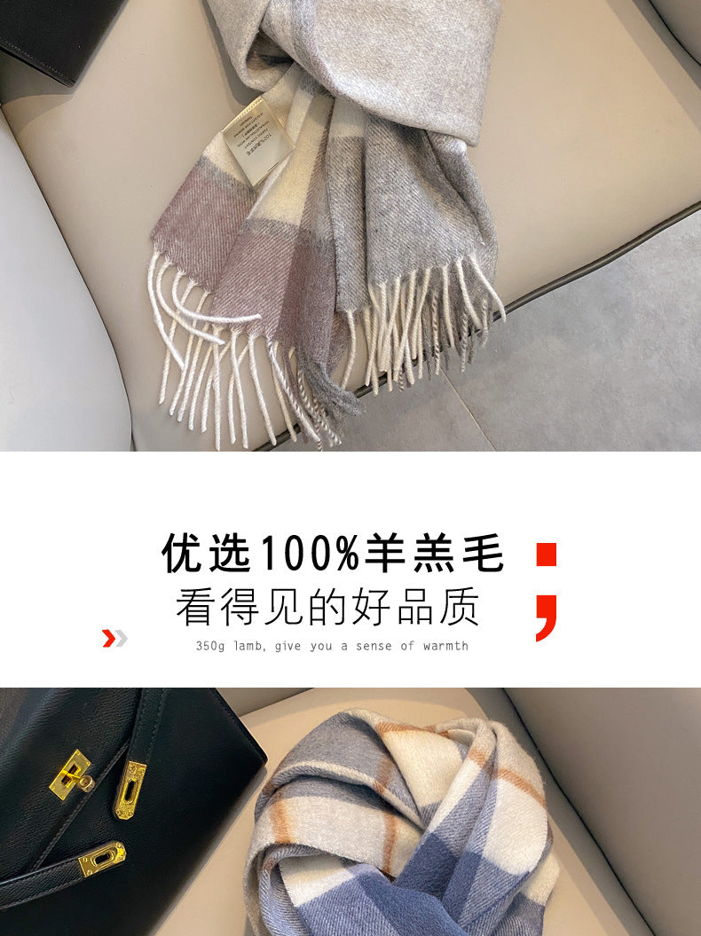 2026 Green Plaid Scarf Women's Winter All-match Pure Wool Thickened Warm New Year Gift Knitted Cashmere Scarf High-end