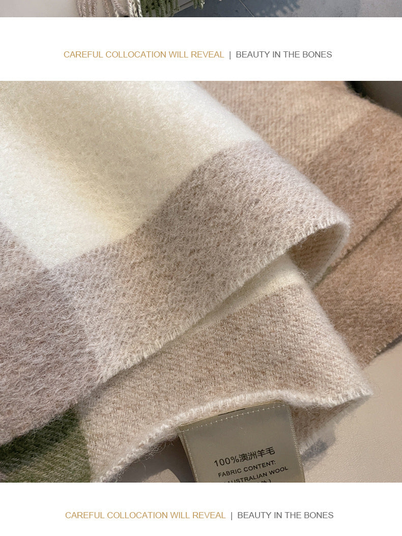 2026 Green Plaid Scarf Women's Winter All-match Pure Wool Thickened Warm New Year Gift Knitted Cashmere Scarf High-end