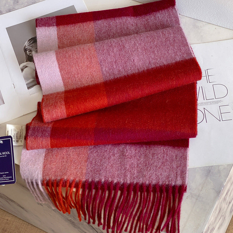 2026 Green Plaid Scarf Women's Winter All-match Pure Wool Thickened Warm New Year Gift Knitted Cashmere Scarf High-end