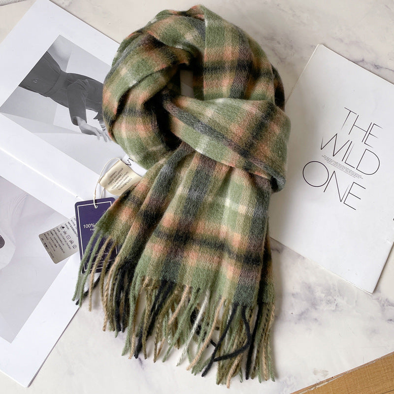 2026 Green Plaid Scarf Women's Winter All-match Pure Wool Thickened Warm New Year Gift Knitted Cashmere Scarf High-end