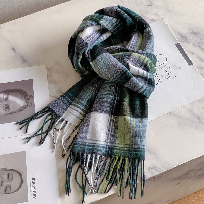 2026 Green Plaid Scarf Women's Winter All-match Pure Wool Thickened Warm New Year Gift Knitted Cashmere Scarf High-end