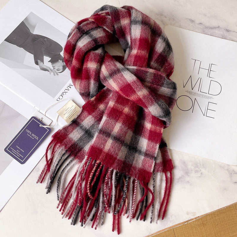 2026 Green Plaid Scarf Women's Winter All-match Pure Wool Thickened Warm New Year Gift Knitted Cashmere Scarf High-end