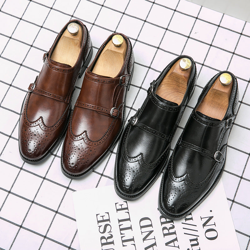 Large Size Men&#39;s Buckle Leather Shoes Size 38-48 Brogue Leather Shoes Slip-On Formal Men&#39;s Height Increasing Shoes